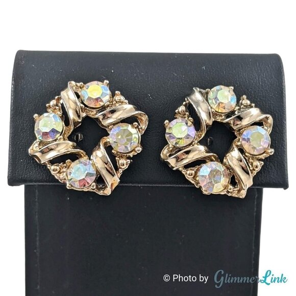 Vintage AB Aurora Borealis Circular Wreath Gold Tone Clip On Earrings - Picture 2 of 8